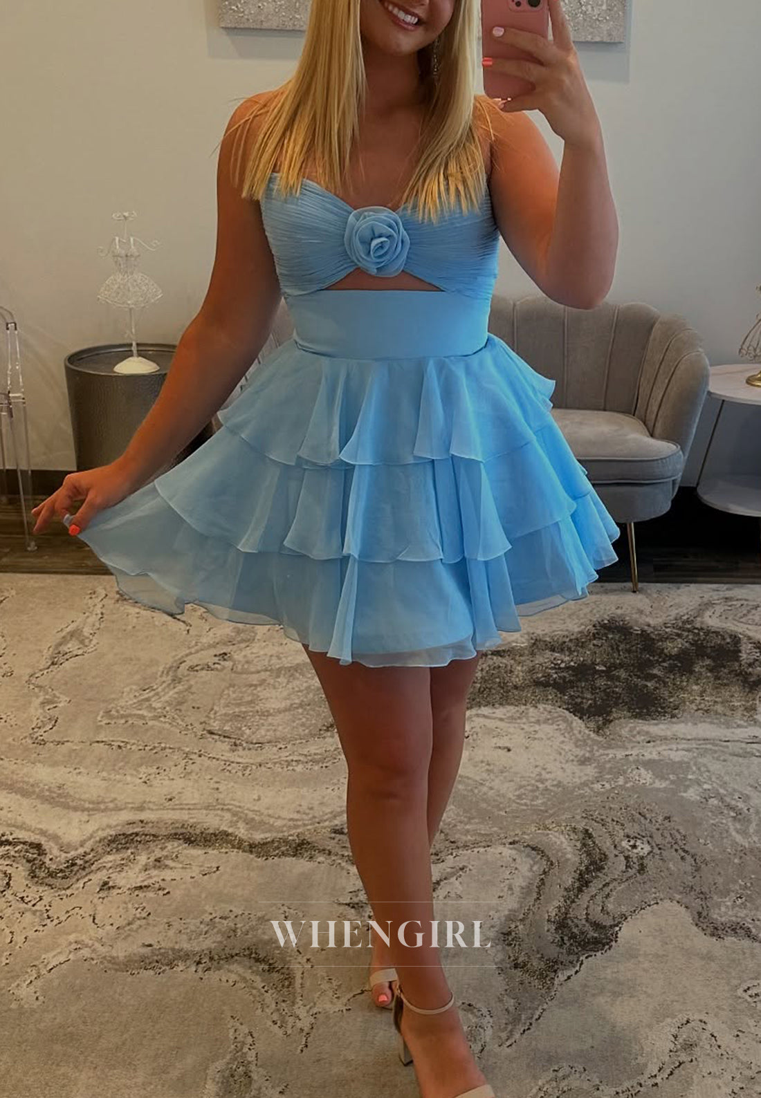 Ice Blue Sweetheart Sleeveless Cut Out Chiffon A-Line Homecoming Dress