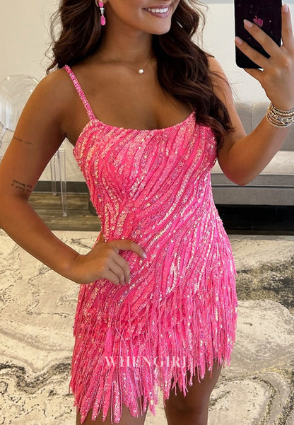 One Shoudler Sequins Beading Sheath Tassels Short Homecoming Dress