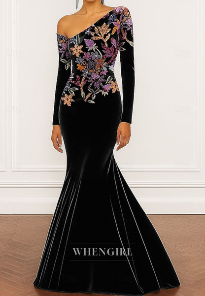 Mermaid Floor Length Long Sleeves Asymmetrical Neck Floral Mother of the Bride Dress Evening Gown