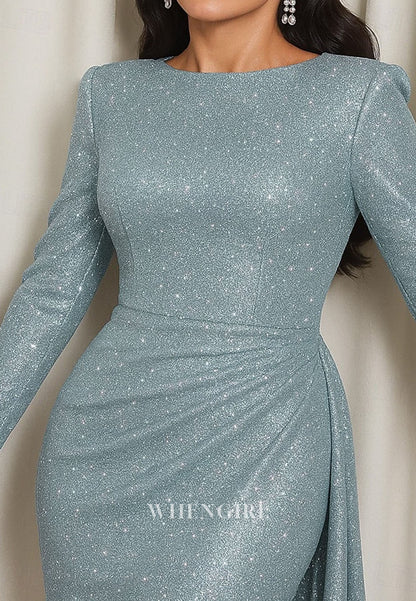 Mermaid Bateau Neck Long Sleeves Pleated Mother of the Bride Dress Evening Dress with Train