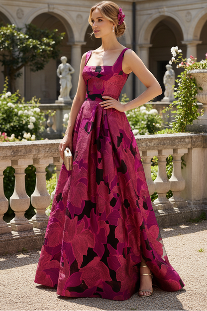 Floral Square Neck Sleeveless A-Line Mother of the Bride Dress