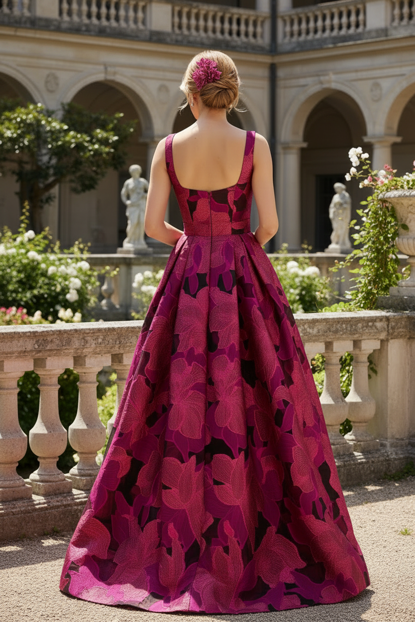 Floral Square Neck Sleeveless A-Line Mother of the Bride Dress