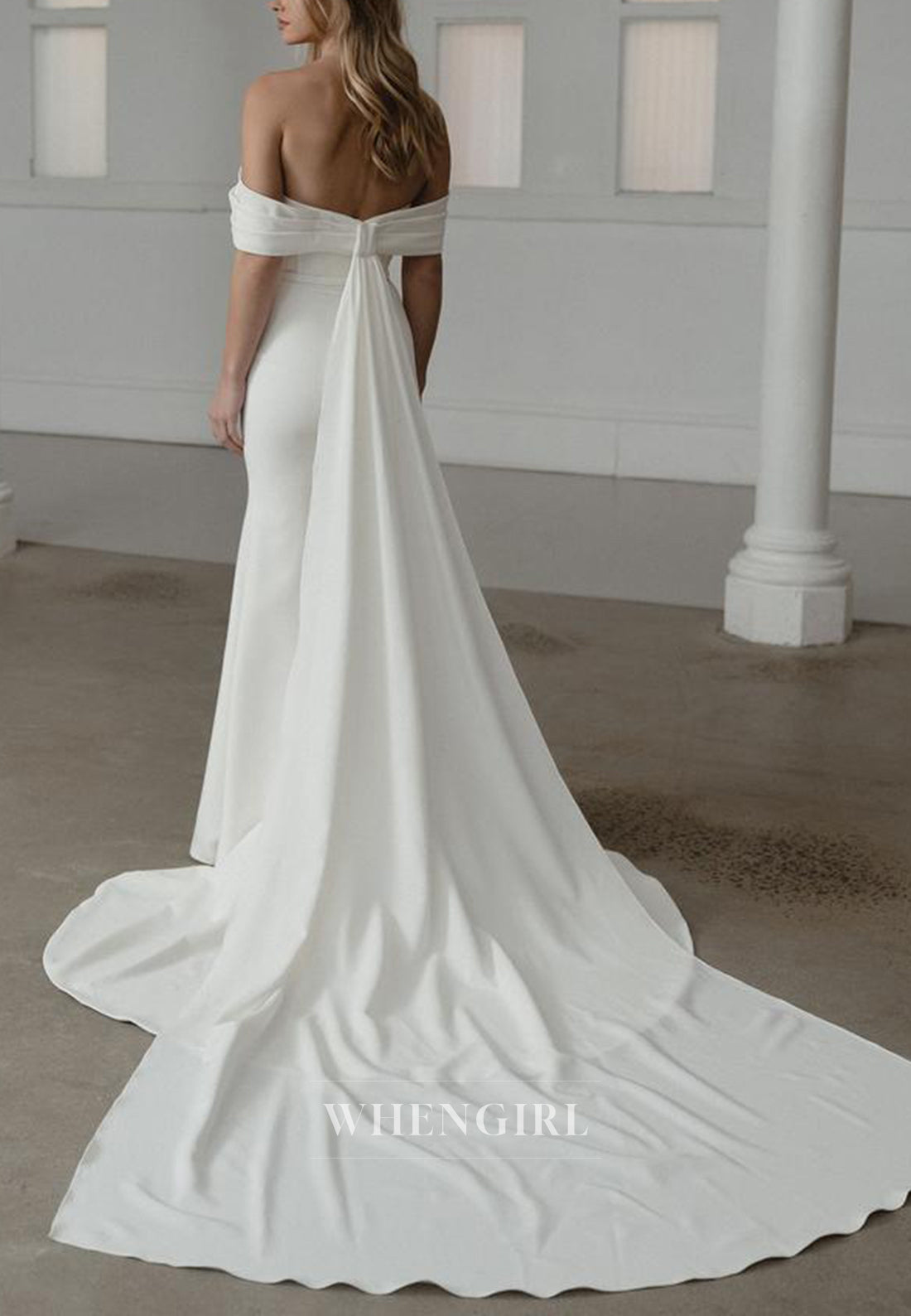 Simple Off Shoulder Sleeveless Sweep Train Sheath Wedding Dress