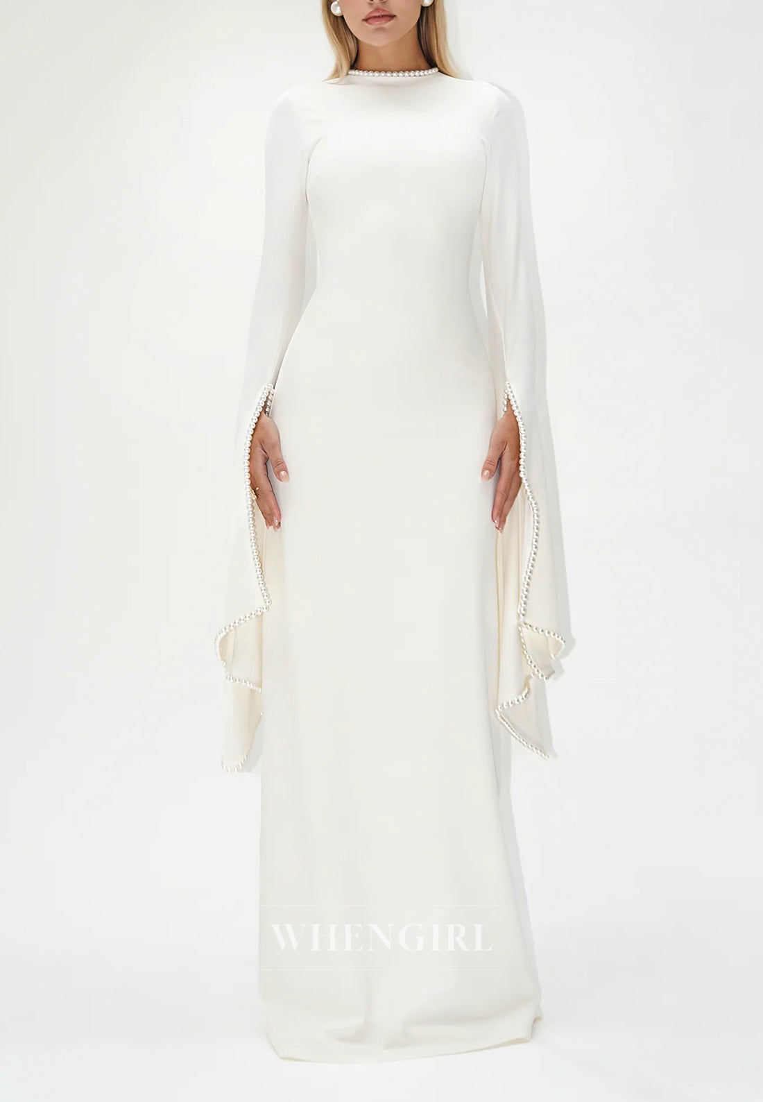 Sheath Beateau Neck Floor Length Formal Dress Long Sleeves Beaded Pearls Evening Gown