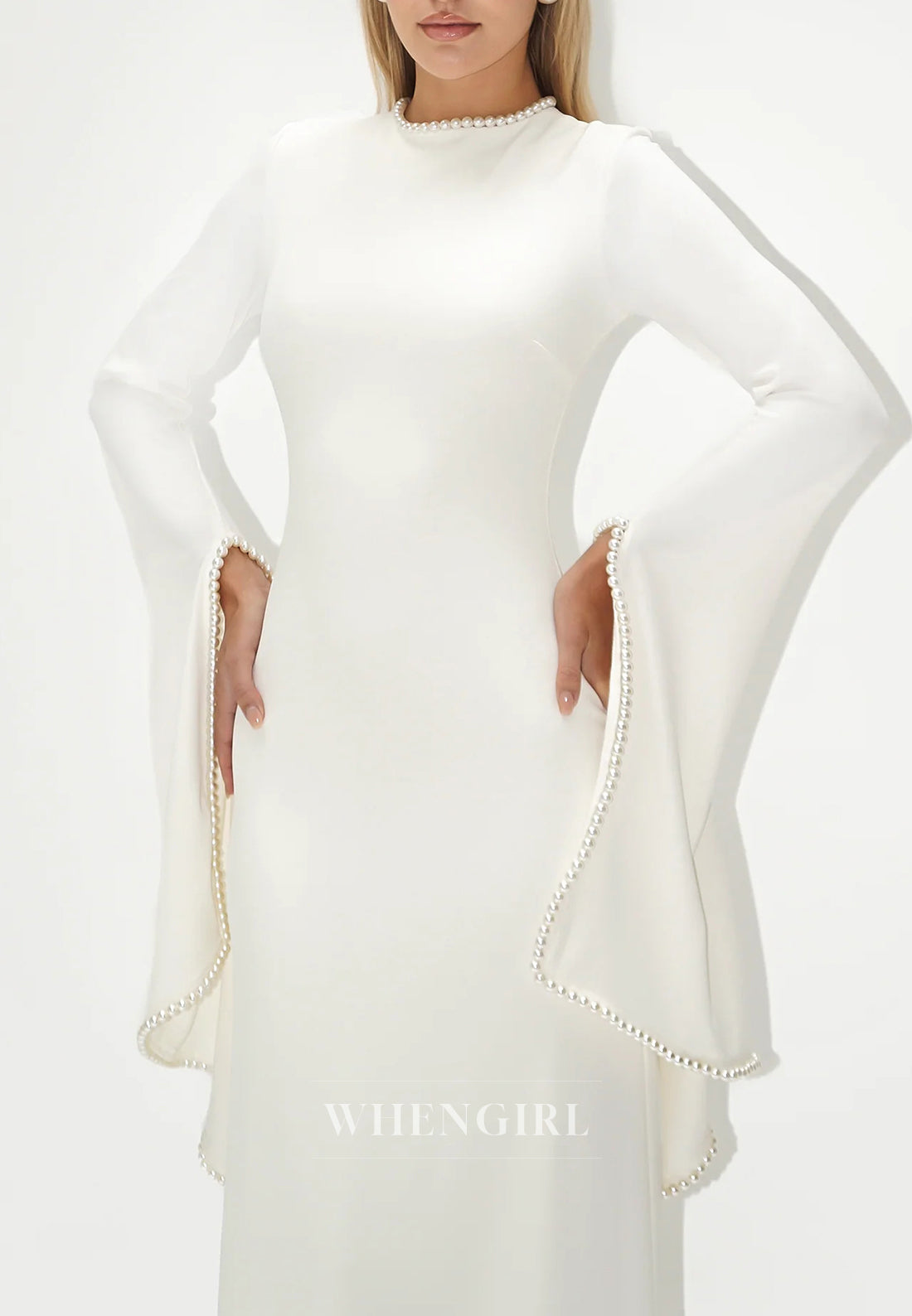 Sheath Beateau Neck Floor Length Formal Dress Long Sleeves Beaded Pearls Evening Gown
