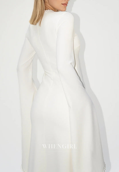 Sheath Beateau Neck Floor Length Formal Dress Long Sleeves Beaded Pearls Evening Gown