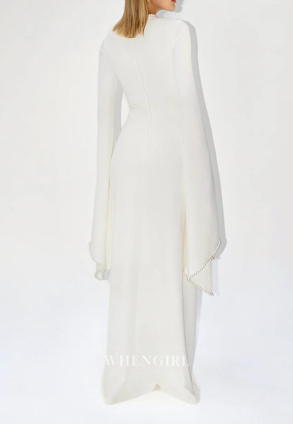 Sheath Beateau Neck Floor Length Formal Dress Long Sleeves Beaded Pearls Evening Gown