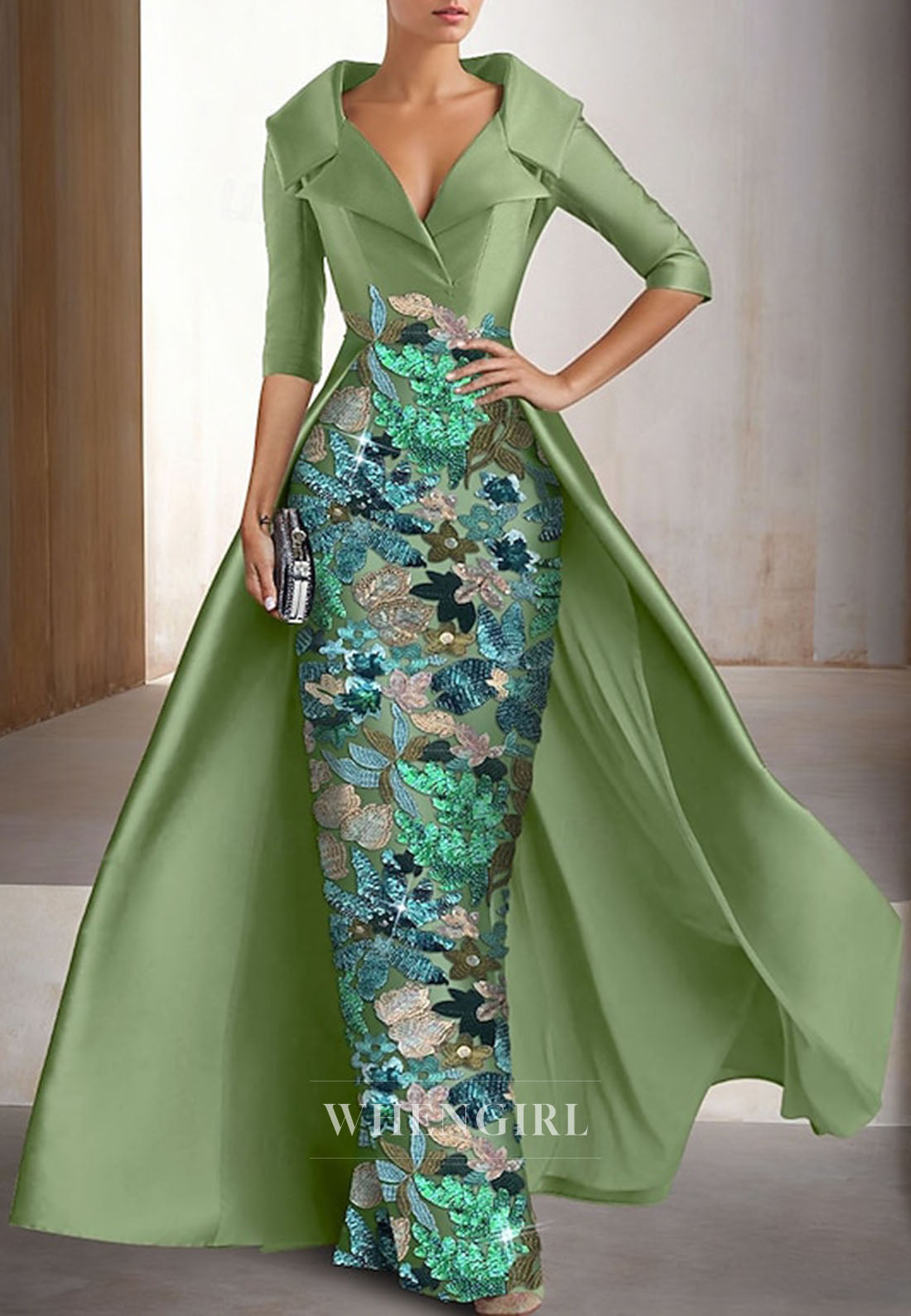 Sheath V Neck Half Sleeves Sequins Mother of the Bride Dress with Overskirt