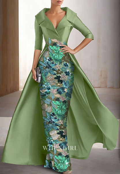 Sheath V Neck Half Sleeves Sequins Mother of the Bride Dress with Overskirt