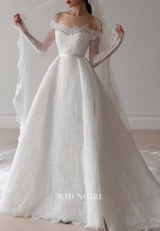 Long Sleeves Asymmetrical Neck Embroidery Lace A-Line Wedding Dress with Court Train