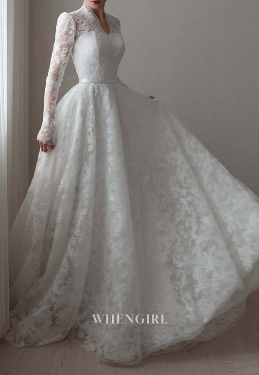 Asymmetrical Neck Long Sleeves Embroidery Lace A-Line Button Court Train Wedding Dress