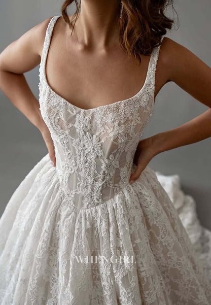 A-Line Sleeveless V Neck Embroidery Lace Back Zipper Court Train Wedding Dress