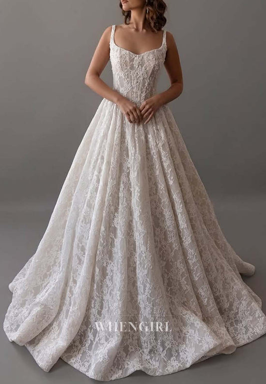 A-Line Sleeveless V Neck Embroidery Lace Back Zipper Court Train Wedding Dress