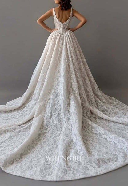 A-Line Sleeveless V Neck Embroidery Lace Back Zipper Court Train Wedding Dress