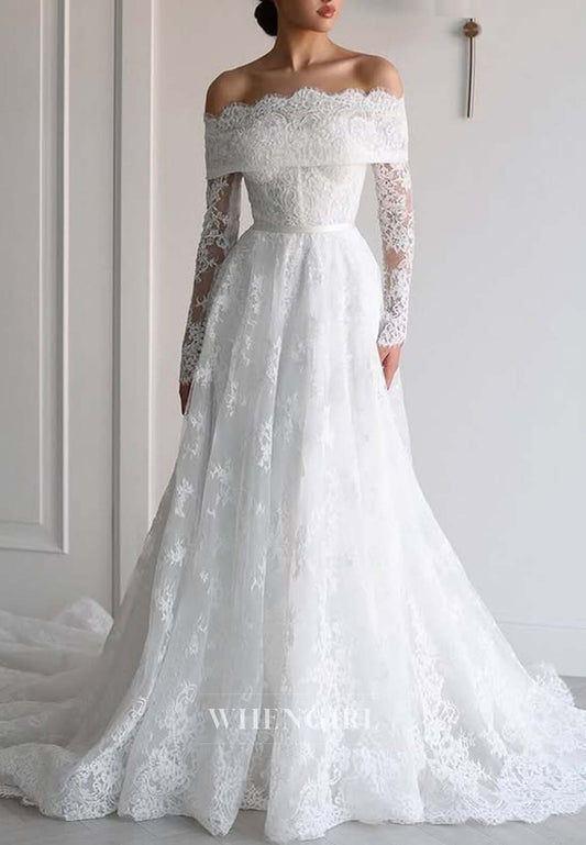 Off Shoulder Long Sleeves Appliqued Lace A-Line Sweep Train Wedding Dress