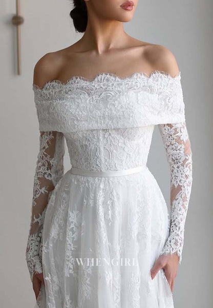Off Shoulder Long Sleeves Appliqued Lace A-Line Sweep Train Wedding Dress