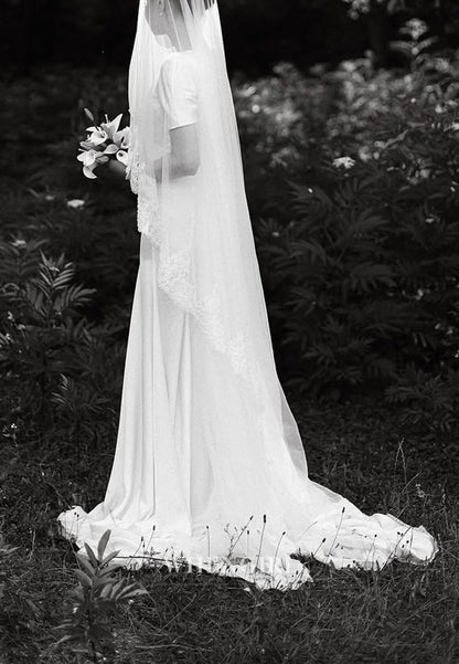 Sheath Bateau Short Sleeves Satin Simple Wedding Dress with Train