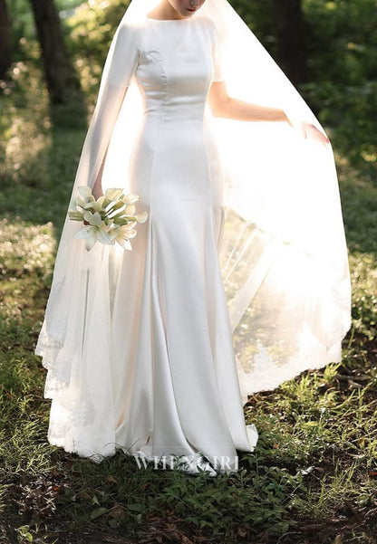 Sheath Bateau Short Sleeves Satin Simple Wedding Dress with Train