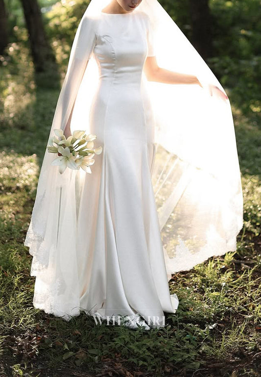 Sheath Bateau Short Sleeves Satin Simple Wedding Dress with Train
