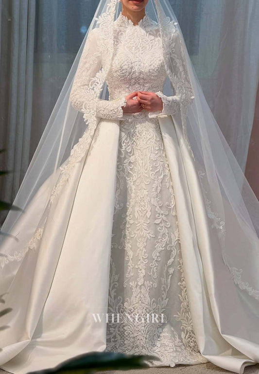 High Neck Long Sleeves Beaded Lace A-Line Satin Court Train Wedding Dress with Viel