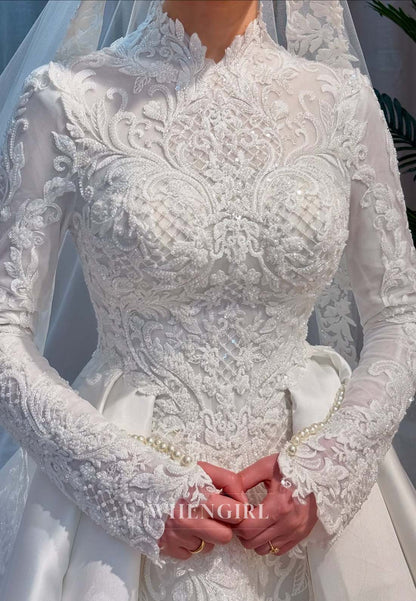 High Neck Long Sleeves Beaded Lace A-Line Satin Court Train Wedding Dress with Viel
