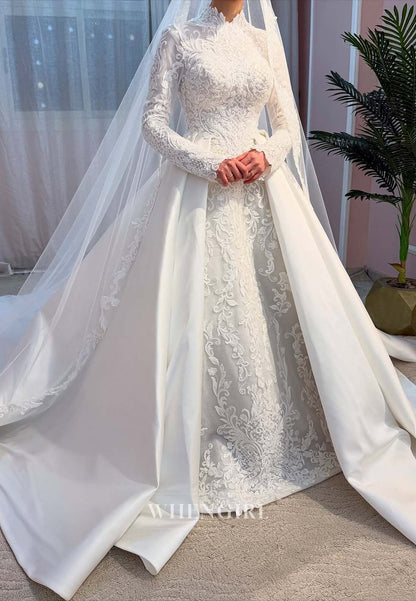 High Neck Long Sleeves Beaded Lace A-Line Satin Court Train Wedding Dress with Viel