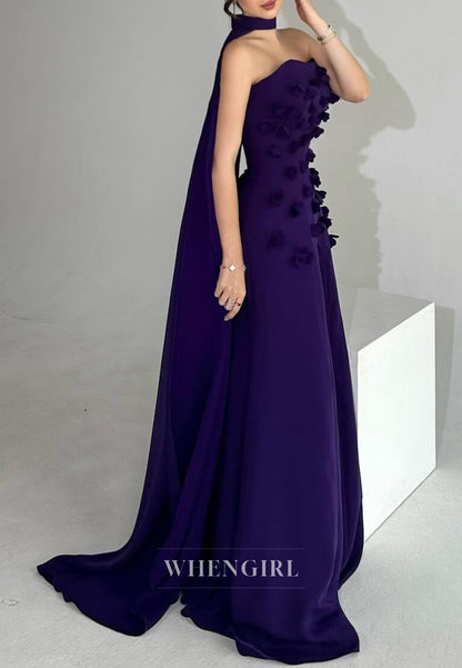 Sheath Sleeveless Sweetheart Floral Strapless Formal Evening Gown with Cape
