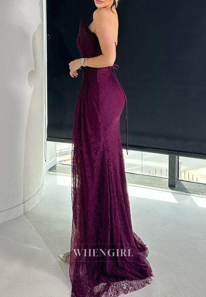 Grape Strapless Lace Up Sleeveless Pleated Side Slit Sheath Formal Evening Dress