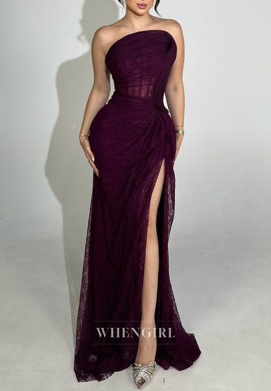 Grape Strapless Lace Up Sleeveless Pleated Side Slit Sheath Formal Evening Dress