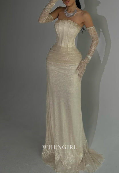 Strapless Sheath Lace Up Beaded Lace Long Formal Evening Dress with Gloves