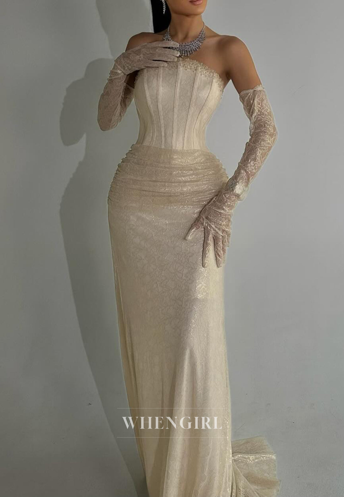 Strapless Sheath Lace Up Beaded Lace Long Formal Evening Dress with Gloves