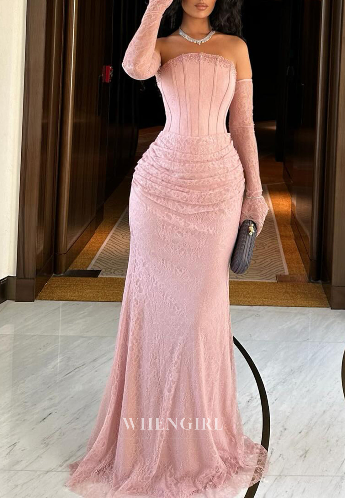 Strapless Sheath Lace Up Beaded Lace Long Formal Evening Dress with Gloves