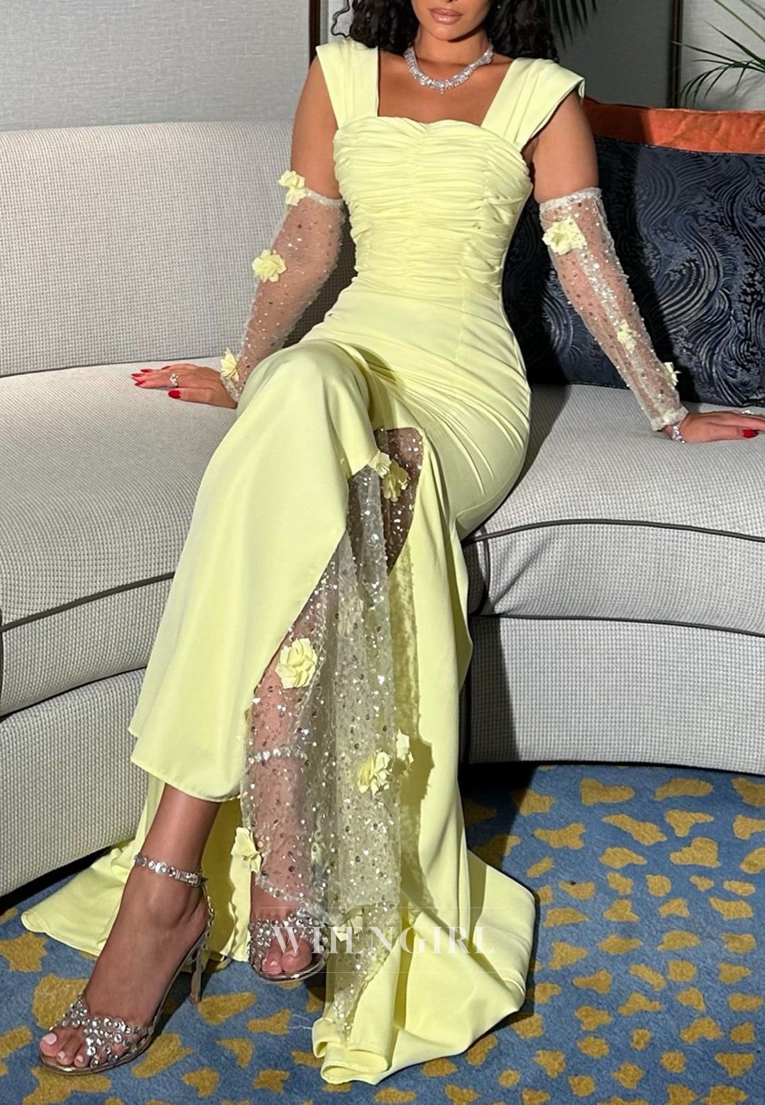 Daffodil Square Neck Pleated Floral 3/4 Sleeves Sheath Formal Evening Dress