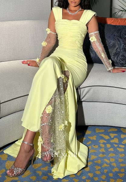 Daffodil Square Neck Pleated Floral 3/4 Sleeves Sheath Formal Evening Dress