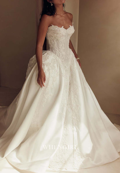 Ball Gown V Neck Sleeveless Pearls Beading Appliqued Court Train Wedding Dress