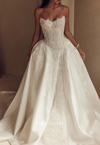 Ball Gown V Neck Sleeveless Pearls Beading Appliqued Court Train Wedding Dress