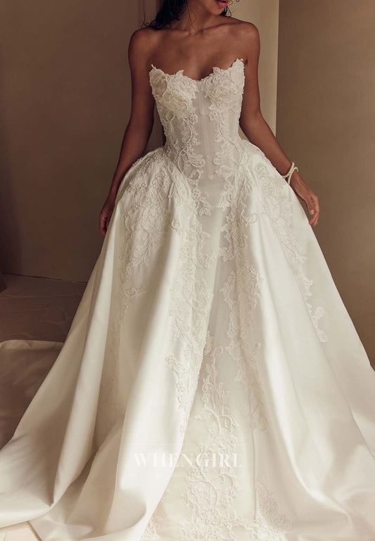 Ball Gown V Neck Sleeveless Pearls Beading Appliqued Court Train Wedding Dress