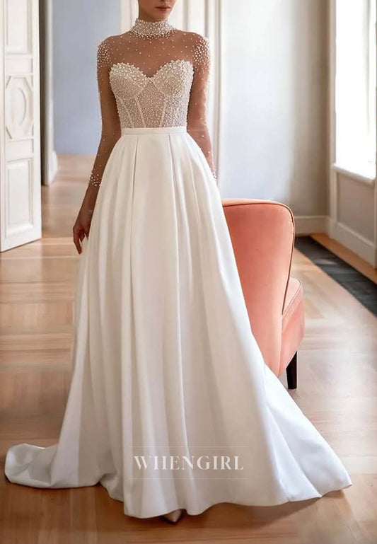 Beaded High Neck Long Sleeves A-Line Button Sweep Train Wedding Dress