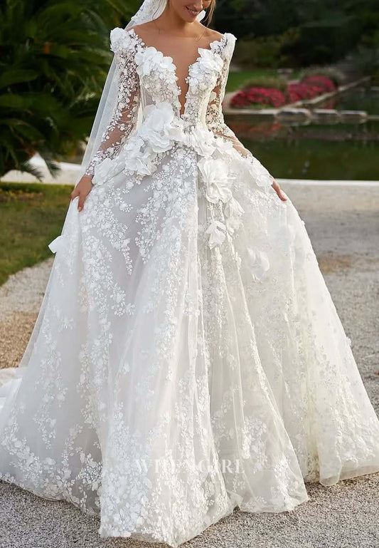 Floral V Neck Long Sleeve Appliqued Lace A-Line Sweep Train Wedding Dress