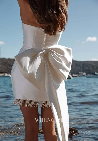 Sheath Sweetheart Tube Top Sleeveless Pleated Tassel Satin Short Wedding Dress with Bowknot