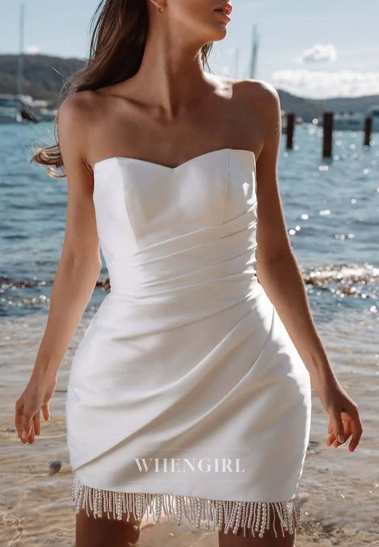 Sheath Sweetheart Tube Top Sleeveless Pleated Tassel Satin Short Wedding Dress with Bowknot