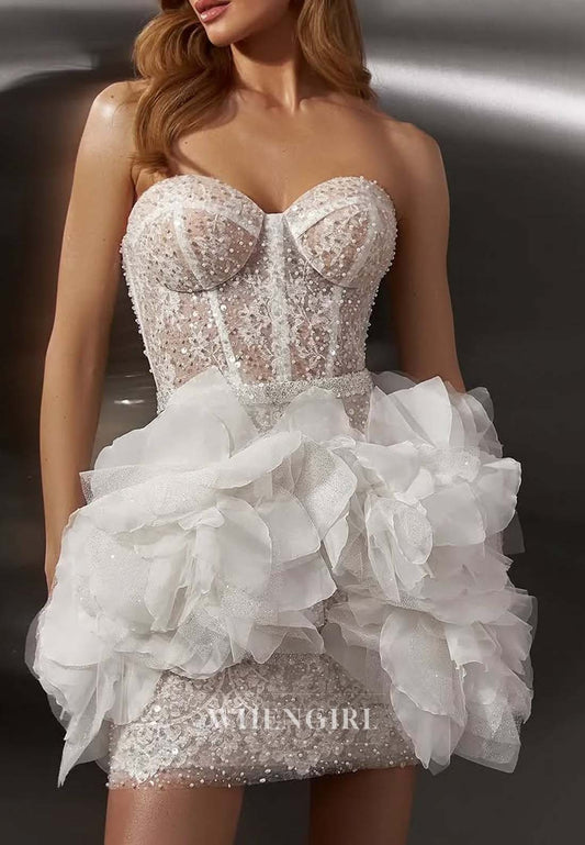 Sweetheart Sleeveless Multi Tiered Pearls Sequins Beading Sheath Short Wedding Dress