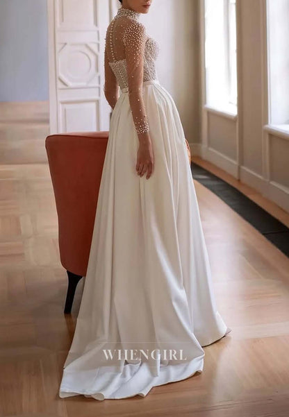 Beaded High Neck Long Sleeves A-Line Button Sweep Train Wedding Dress