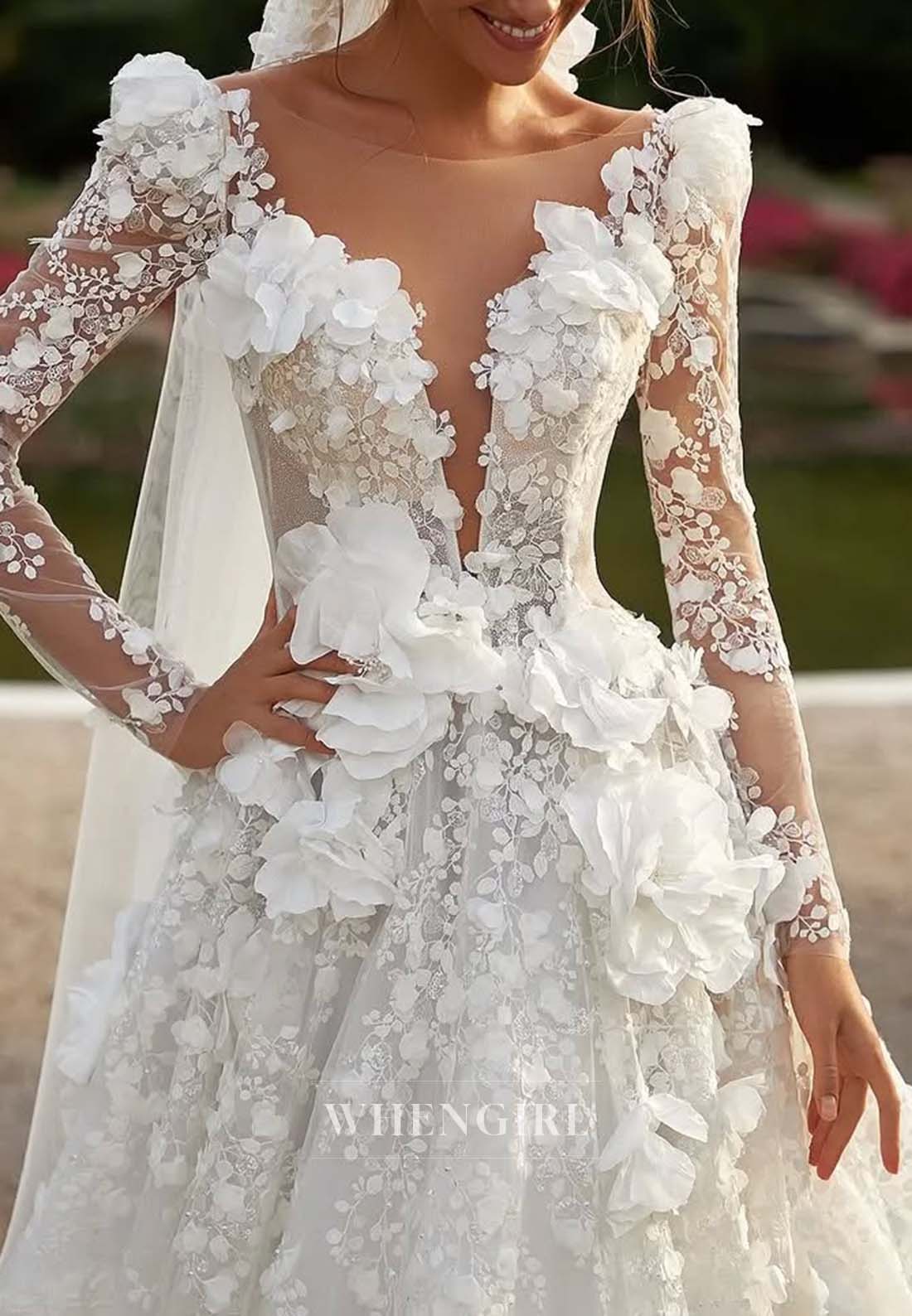 Floral V Neck Long Sleeve Appliqued Lace A-Line Sweep Train Wedding Dress