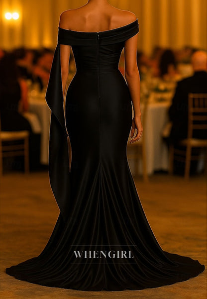 Mermaid Off Shoulder Ruched Sweep Train Mother of the Bride Dress Evening Gown