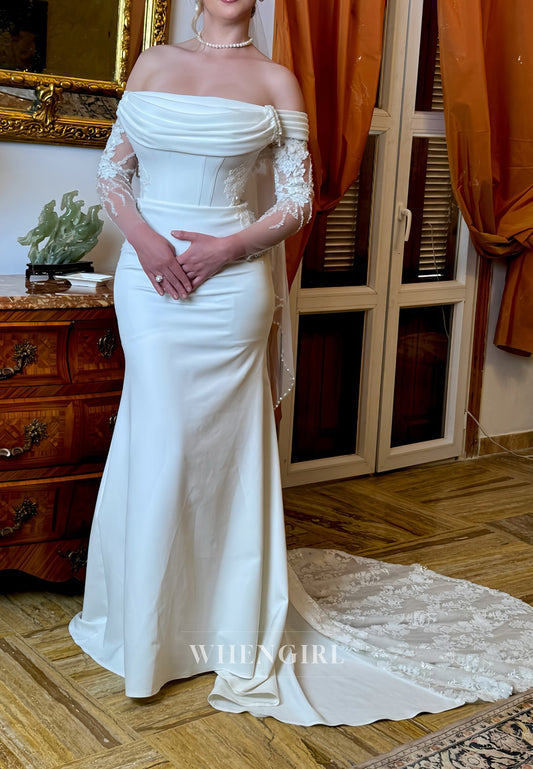 Off Shoulder Pleated Beaded Appliqued Long Sleeves Mermaid Wedding Dress with Train