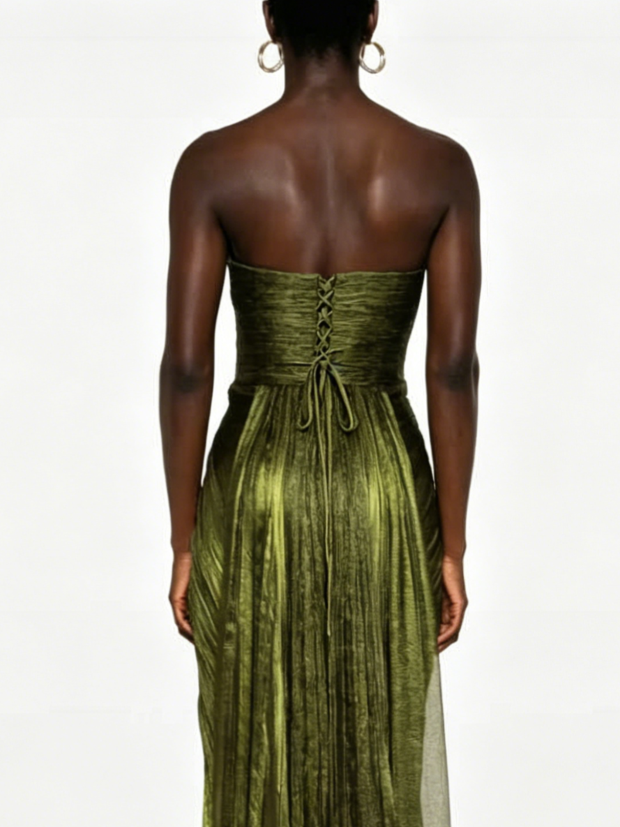 Scoop Neck Sleevelss Strapless Pleated Long Formal Evening Dress
