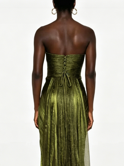 Scoop Neck Sleevelss Strapless Pleated Long Formal Evening Dress