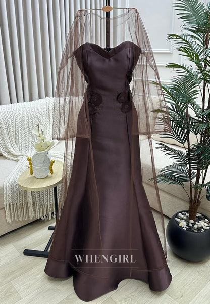 Chocolate Bell Sleeves Sweep Train Sweetheart Satin Flowers Sheath Evening Formal Dress