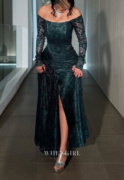 Dark Green Embroidery Lace Side Slit Long Sleeves Pleated Sheath Formal Evening Dress